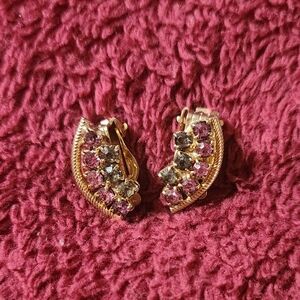 Vintage Elegant Gold and Pink Crystal Clip On Earrings